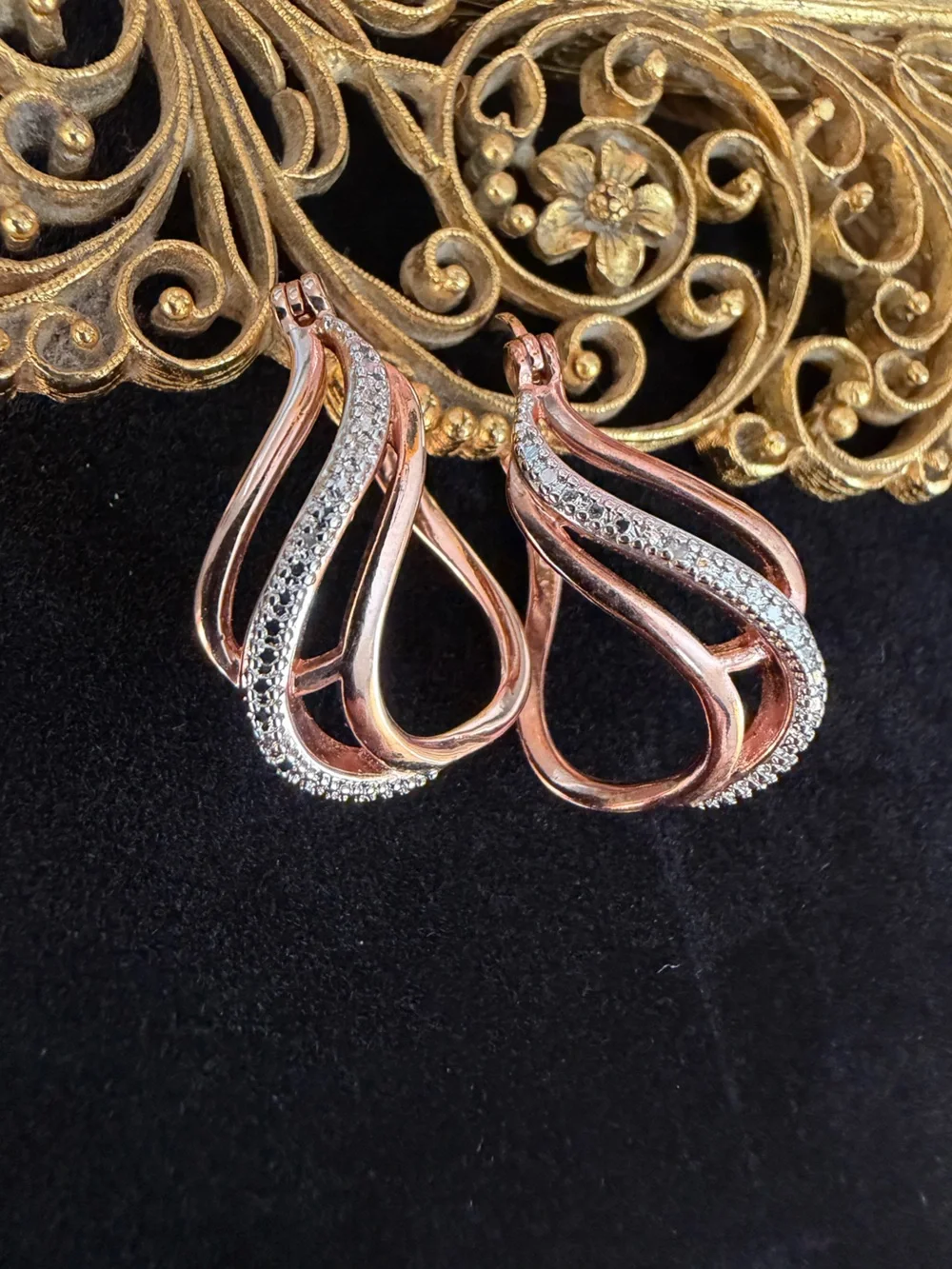 PAJ 18K Rose Gold Over Sterling Silver Diamond Accent Open Wave Hoop Earrings